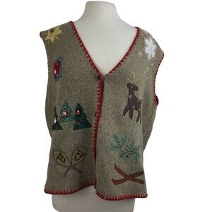 Orvis Womens Wool Christmas Patch Button Down Cardigan Sweater Vest Size L
